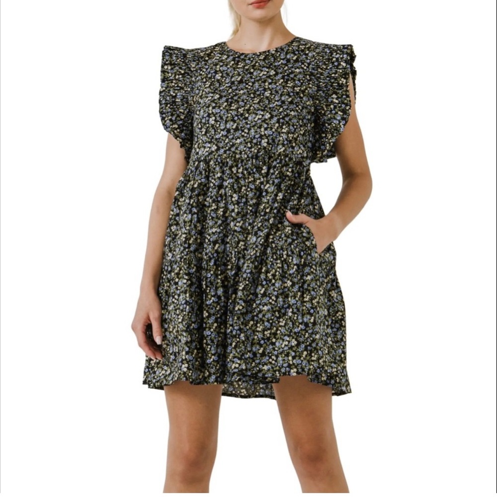 English Factory Black and Blue Patterned Mini Dress